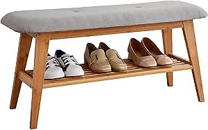 Shoe Entryway Bench, Bamboo Shoe Rack Bench, Organizer with 2 Tier Storage Simple Style Good Load Bearing, Ideal for Entryway Hallway Living Room,(Nature,35.4'')