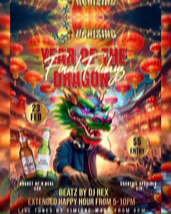 Celebrate in style at our Year of the Dragon Final Fridayz Night. Dress Code: Dress to impress in your dragon-inspired attire! Join us as we roar into the Year of the Dragon with a night of festivities, fun, and good fortune. Get ready to indulge in delicious Asian cuisine off our ala carte menu, sip on festive cocktails, and dance the night away, DJ REX will be spinning some vibrant beats. Capture the memories of this special night with your friends and loved ones at our dragon-themed photo boo