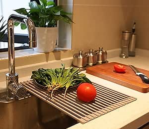 YunTeng Over The Sink Multipurpose Roll-Up Dish Drying Rack Full Silicone Coated (Warm Grey)