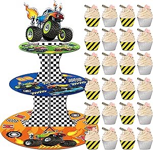 Monster Truck Cupcake Stand for 24 Cupcakes with 24Pcs Monster Truck Cupcake Liners Wrappers 3 Tier cupcake stand Party Supplies Cupcake Display Holder for Birthday Party, Baby Shower, Party
