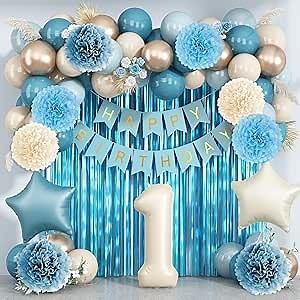 Dusty Blue 1st Birthday Decorations Beige Cream Number 1 Balloon with Blue Gold Happy Birthday Banner Fringe Curtain Paper Pom Poms Nude White Sand Champagne Star Foil Balloons Party Decor