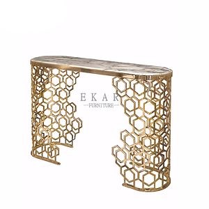 [Hot Item] Modern Openwork Carved Design Hallway Entry Table - Marble Top Roman Style Golden Entrance Table