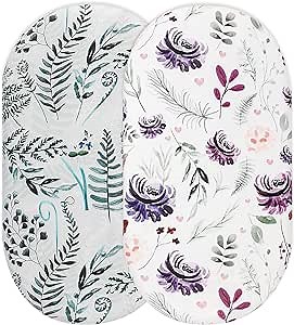 Bassinet Sheet, 2 Pack Bassinet Sheets for Baby Girl Boy, Jersey Knit Cotton Bassinet Fitted Sheets for Oval Rectangle Hourglass Mattress, Universal Bassinet Mattress Sheets, Purple Flower Green Leaf