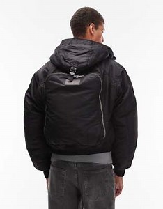 Schott logo patch zip pocket detail cropped padded jacket with backpack detail in black | ASOS