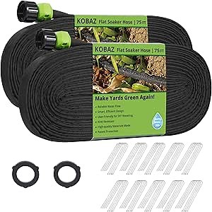 Flat Soaker Hose 150 ft, Drip Sprinkler Hoses with Stakes for Garden Beds, Lawns, and Orchards, Save 70% Water Leakproof Double Layer Design (75ft ×2P)