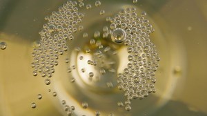 Extreme close-up inside a glass of louis roederer champagne, beautiful highlights and bubbles rising into the lens, laowa 24mm macro tube lens Premium Stock Video Footage