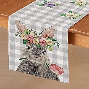 Easter Table Runner - Spring Coffee Dining Table Decor 13 X 72 Inch Rustic Buffalo Plaid Burlap Farmhouse Table Decorations Bunny Floral Tablescape Home Decor