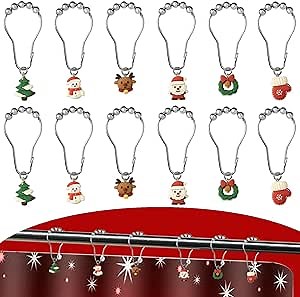 12PCS Christmas Shower Curtain Hooks Rustproof Stainless Steel Hooks with Resin Charm Funny Christmas Tree Santa Claus Elk Snowman Shower Rings for Home Curtain Accessories and Bathroom Decoration