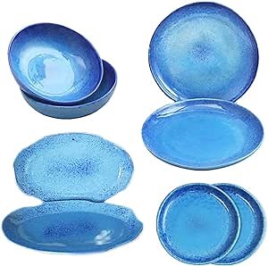 Amazon.com | roro 8 piece Ceramic Stoneware Coral Beach Blue Speckled Spotted Tableware Plates and Bowls: Dinner Plates
