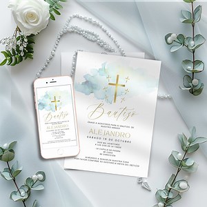 Bautizo Invitations Spanish Boy, Blue and Gold Watercolor E Invite, Editable & Printable Invitaciones, Digital Electronic Phone Template - Etsy