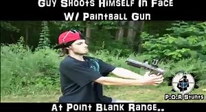 Cutbone of the stunt group P.O.R takes a loaded paintball gun, points it at his face, & pulls the trigger. The paintball hits him in the cheek & bounces off, hitting him in the eye. He falls to the ground in shock & realizes that could have ended a lot worse: | P.O.R Stunts