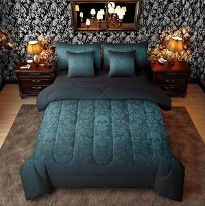 Damask Gothic Bedding Set Adults Antique Victorian Bed in a Bag King Size Comforter Set 7 Pieces,Black Green Sugar Skull Sheet Set Vintage Floral Goth Bed Set,Exotic Bone Skeleton Bohemian Decor