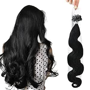 18 Inch Micro Loop Human Hair Extensions Micro Links Human Hair for Black Women Body Wave Color #1B Off Black Microbead Hair Extensions Salon Quality 50g 50s Per Pack