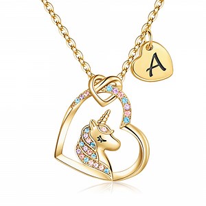 Turandoss 14K Gold Plated Colorful Cz Initial Unicorn Heart Pendant Necklaces for Teens Little Girls Daughter Kids Jewelry Birthday Valentines Day Gifts for Kids Her Women Girls - Walmart.com