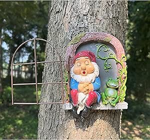 Sleeping Gnome and Frog for Tree Decoration, Outdoor Hanging Tree Décor for Garden Yard Fence, 6.5 Inch (Gnome and Frog)