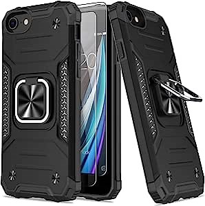 AUPAI iPhone SE 2022 Case/iPhone SE 2020 Case/iPhone 8 Case/iPhone 7 Case with Screen Protector,Heavy Duty Hard PC and Soft TPU Full-Body Protective Phone Case with Magnetic Kickstand,Black