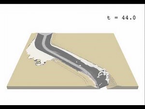 Turbidity current flowing in a meandering submarine channel