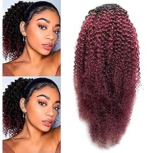 Afro Puff Drawstring Ponytail Extension Short Kinky Curly Human Hair Piece Afro-American Curly Hair 10 Inch Ombre 1B/99J (Black to Burgundy) with 2 Clips