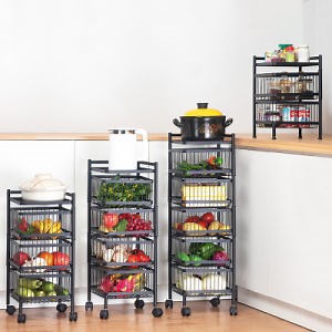 [Hot Item] Metal Wire Basket Stackable Rotating Kitchen Storage Trolley Cart Fruit Vegetable Basket Rack
