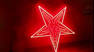 Baphomet Neon Sign for Wall Decor,Gothic Home Decor,Gothic Satan Sigil for Halloween Wall Art,Lamb Demons Baphomet Inverted Pentagram,3D Engraved Neon Sign,USB Powered With Switch-13x12.5" Red