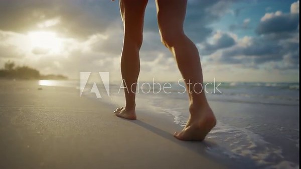 Woman alone on secluded beach, admiring sunset, close up of legs on sand. View on coastline on ocean. Concept trip in summertime, relax and recovery vitality.