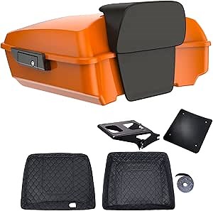 Motorcycle Chopped Tour Pack For 2009+ Harley Touring - Baja Orange, Black Detachable Mounting Rack, Backrest & Black Trunk Liners
