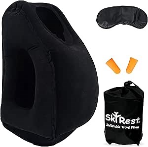 Skyrest®️ Inflatable Travel Pillow for Buses, Comfortably Support Head, Air Pillow for Sleeping to Avoid Neck, Lumbar and Shoulder Pain, Pillows for Airplanes Buses Cars Office (Black)