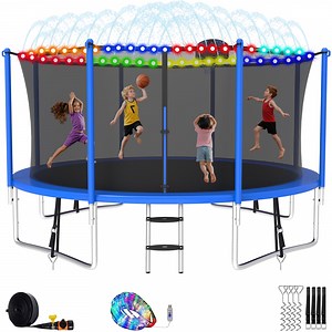 XMIKA 12FT Trampoline with Enclosure Net, 1200LBS Trampolines for Kids and Adults, Outdoor Trampoline with Basketball Hoop, Ladder, Lights and Sprinkler, Backyard Recreational Trampolines, Blue