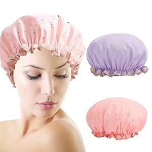 2 Pack Starry Night Shower Caps for Women, Premium Quality, Reusable Waterproof Bath Caps with Elastic Band, Double Layer Hair Protection for Showering and Bathing Hat Stocking Stuffers (Pink+Purple)