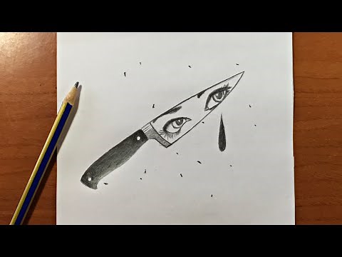 رسم تعبيري سهل | تعليم رسم عيون بنت داخل سكين حاد