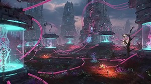 Futuristic alien laboratory with glowing tubes and organic experiments