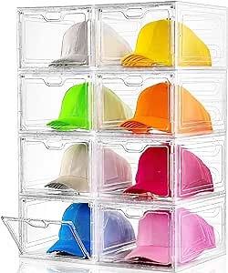 INSTY 8 Pack Hat Organizer for Baseball Caps,Clear Plastic Baseball Cap Organizer with Magnetic Door,Stackable Hat Storage, Easy to Assemble Stylish Hat Display Case