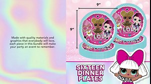 Unique LOL Surprise Dinnerware Party Bundle for 16 - Dinner & Dessert Plates, Luncheon Napkins, 2 Table Covers - Girl Birthday Supplies & Decorations Set