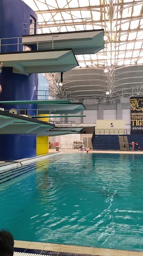 Young Female Diver Takes the Plunge at Indoor Pool