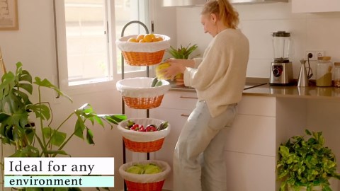 ODOXIA 4 Tier Willow Basket Stand | Bread Rack Display | Fruit Basket for Kitchen, Retail & Home Use | Mobile and Space-Saving | Produce Baskets | Retail Display Baskets for Bakery