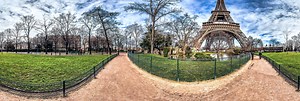 Eiffel Tower lagoon waterfall in Champ de Mars Garden 360 Panorama | 360Cities