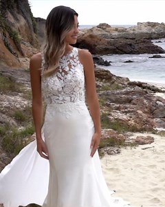 🤍Beau🤍 In store now, this beautiful gown from Allure Bridals (9905), known in store as “Beau”✨ The open back and dramatic plunge bodice of this stunning stretch crepe gown are offset by a high-neck overlay of appliquéd lace. Colours: Ivory/Champagne/Nude Size: 0-30 PM us for more details or to make an appointment 🤍 | Bibbidi Bobbidi Boo Bridal Boutique