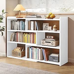 Cmishe 4-Tier Wooden Bookshelf, Expandable 25-47 inch Wide Bookcase, Modern Freestanding Bookcas for Small Space or Corner (White)