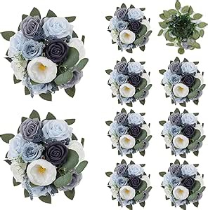BLOSMON Artificial Flowers Ball Wedding Centerpieces 10 Pcs Dusty Blue Rose Artificial Flower Center Pieces Decoration for Table Silk Kissing Ball Floral Bouquet Arrangements Home Party DIY Decor
