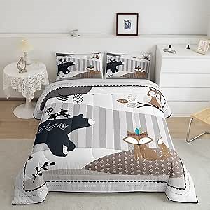 Castle Fairy Cute Animal Bedding Set Full Size,Bear Owl Fox & Plant Comforters for Girls & Teens,Indian Style Down Comforter with 2 Pillowcases