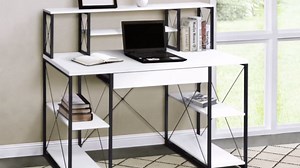 Contemporary White and Black Office Desk with Elegant Shelf Detail Drawer for Durable Feature