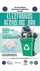 ♻️ Got old electronics? Recycle them responsibly! Join us for Electronics Recycling Day on Saturday, March 29, 2025, at Regatta Park (9 AM - 2 PM). 🚗💨 Drive-through event! Let’s keep Miami clean & green! 🌱 More info: www.miamizerowaste.com | City of Miami Government