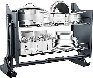 Pull Down Cabinet Organizer, 2 Tiers Spice and Dishes Pull Out Cabinet Storage Shelf for Kitchen Upper Blind Conner Cabinet, Suitable for 30inch Cabinet