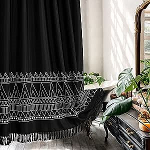 MitoVilla Extra Long Shower Curtain Set 72 x 96, Black Tassel 96 inch Floor to Ceiling Shower Curtain, Modern Boho Ceiling Mount Fabric Shower Curtain for Bathroom Decor