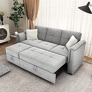 3 Seater Large L Shaped Velvet Sofa Bed with 2 Pull-Out Sleeper Lounges, Grey