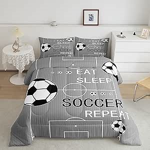 jejeloiu Kids Soccer Comforter Set Full Size Football Comforter Boys Girls Eat Sleep Bedding Set Sports Theme Gaming Sports Grey Quilt Set