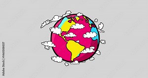 Earth globe CMYK colors with moving clouds isolated. Earth day cartoon animation. Fully hand drawn, dynamic, cartoon with black outline on transparent background 4k movie seamless loop.