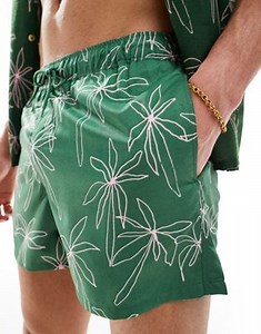 ASOS DESIGN swim shorts in mid length in green doodle palm tree print | ASOS