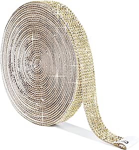 Self Adhesive Rhinestone Strips Bling Rhinestone Tape Diamond Rhinestone Ribbon Roll 0.5''x5.5 Yards Crystal Ribbon Bling Wrap for Crafting Arts Fabric Shoes DIY Car Phone Decoration (Golden)