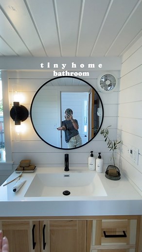 Tru Form Tiny on Instagram: "This is a Villa Max bathroom ~ Open, spacious, light and bright! This bathroom has custom tile, natural light, a huge shower, and custom lighting. Drop your tiny home bathroom questions below! #tinyhomedesign #tinyhouselistings #tinyhousemovement #tinyhousebasics #tinyhousebathroom #tinyhomebathroom #bathroomdesign"